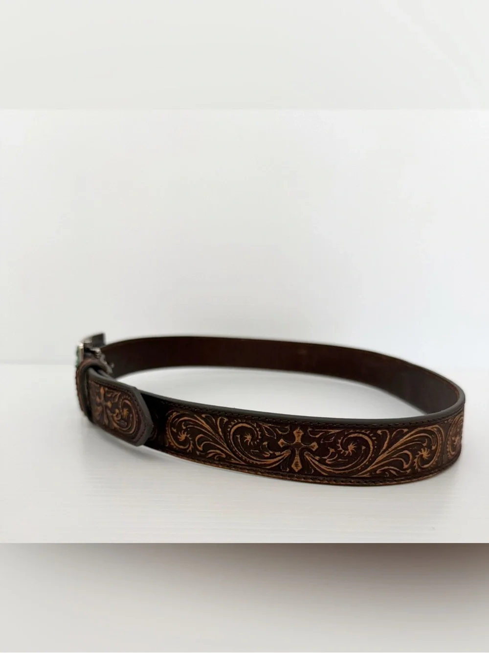 Nocona Leather Women's Nocona Distressed Scroll Triquoise Cross Buckle Belt - L